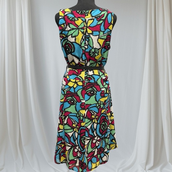 I Le New York Sleeveless Dress Womens Art Deco Floral Keyhole Neck Belted Sz 14W - Picture 3 of 5